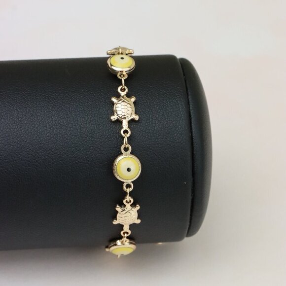 "Rose Gold Turtle & Yellow Evil Eye Bracelet, Cute Protective Design, XPBL0744 - Picture 5 of 12
